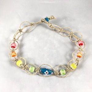 Vintage Handmade Hemp Choker Rainbow Beads